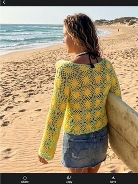 Forever 21 crochet floral cropped sweater knit daisy 70s boho XS NWOT